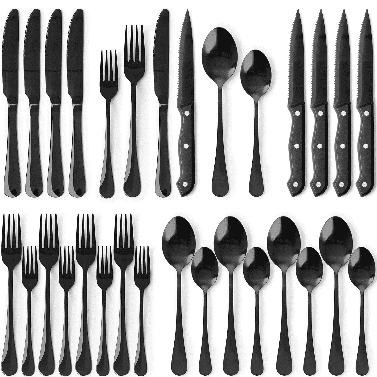 25-Piece Black Silverware Set with Steak Knives, Stainless Steel Flatware for 4 (2-Pack)