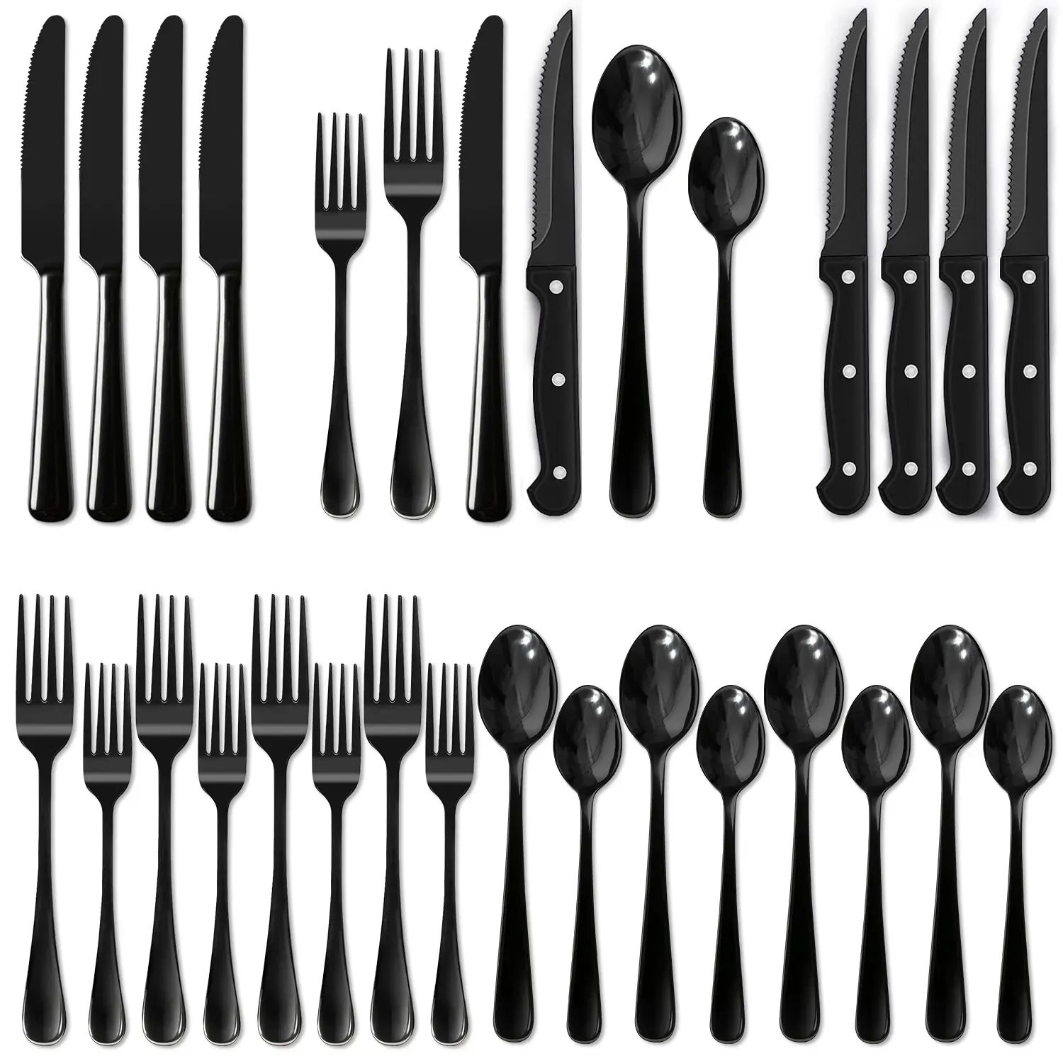 24-Piece Black Silverware Set with Steak Knives, Stainless Steel Flatware for 4 (2-Pack)